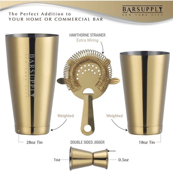 Brand New Professional Boston Cocktail Shaker Set 4-Piece Stainless Steel Gold - Picture 2 of 11